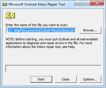Locate the PST files using browse button