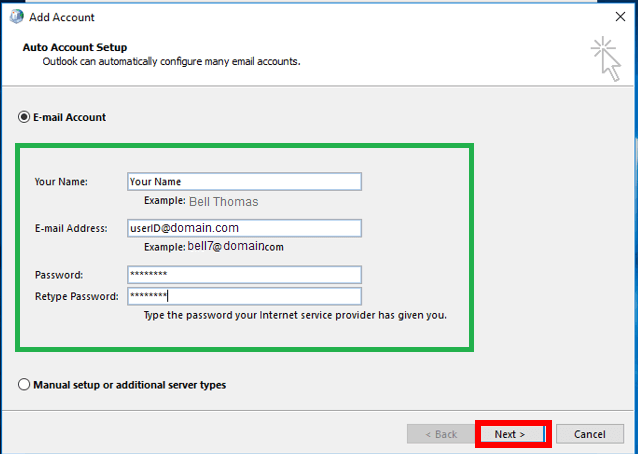 password under the Auto Account Setup option and click Next