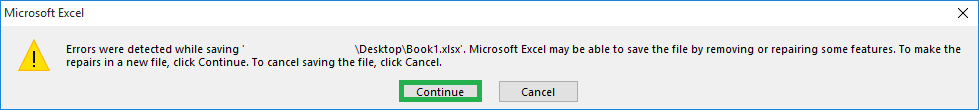 Excel Errors were detected while saving