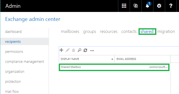 Shared mailboxes category in Recipients section in Exchange Admin Center