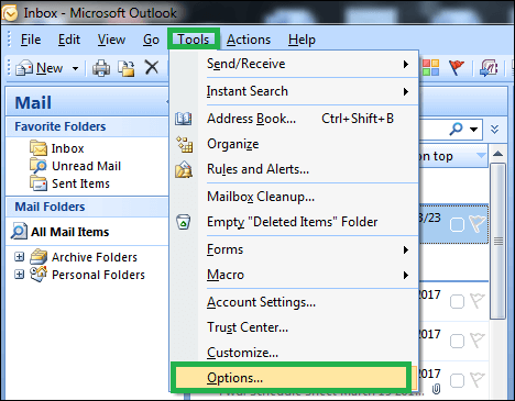 choose Options >>Mail Setup tab