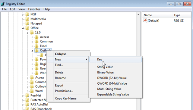If the PST key doesn’t exist, then right-click at Outlook key and select New