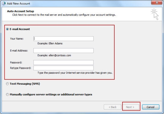 type email account information and click Next