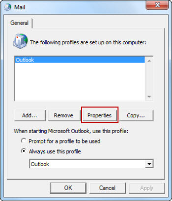 Select existing Outlook profile -> Properties