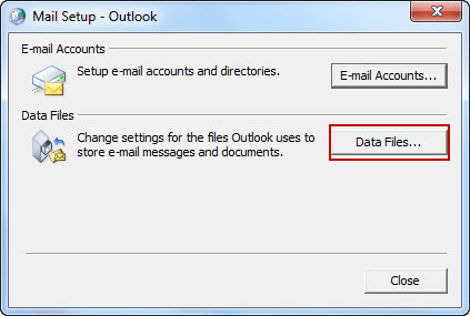 In Mail Setup-Outlook dialog box – > Click Data Files