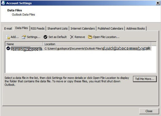 Select Data Files tab-> Account Settings dialog box