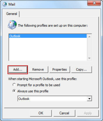On General tab->Mail dialog box, click Add