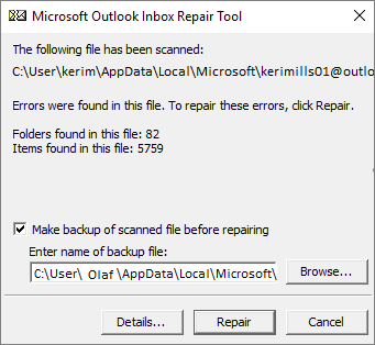 Default location of the Scanpst.exe application