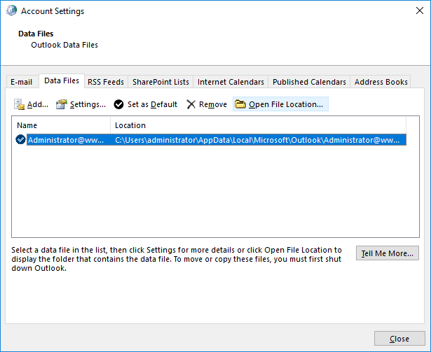 Select Exchange Account followed by opening Open File Location