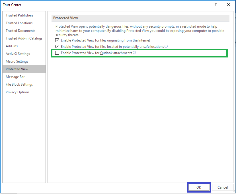 Enable Protected View for Outlook Attachments