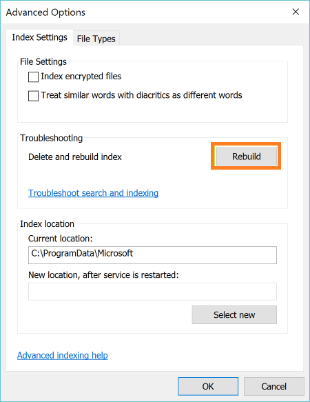 Click on Index Settings tab and then click on the Rebuild button