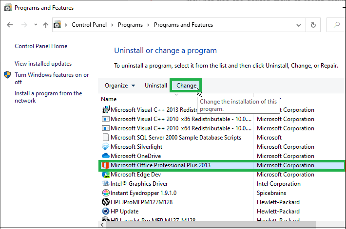 Select the Microsoft Office option from the programs list