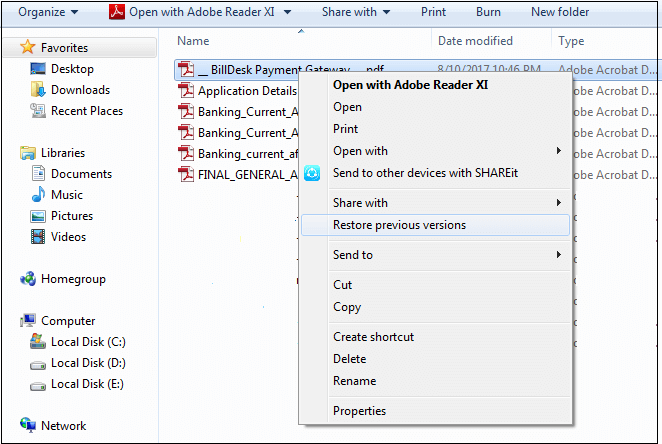 Select option Restore PDF previous versions