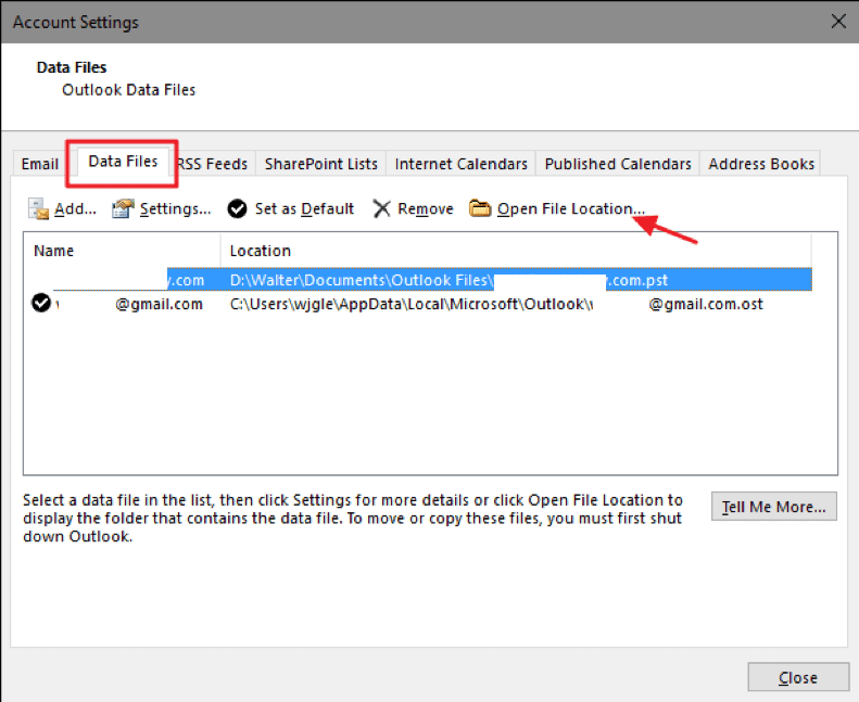 Select the PST file you want to locate