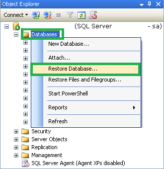 Select Restore Database option from the list