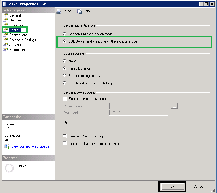 Select the option SQL Server and Windows Authentication mode