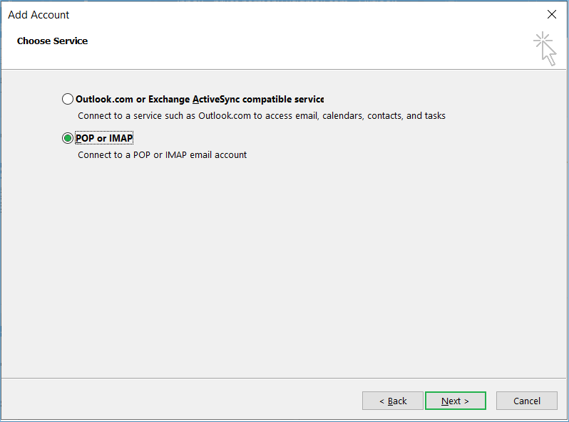 Choose POP or IMAP and then Next