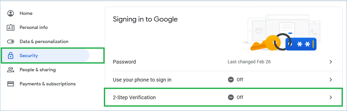 In the security category, click the 2-step verification section