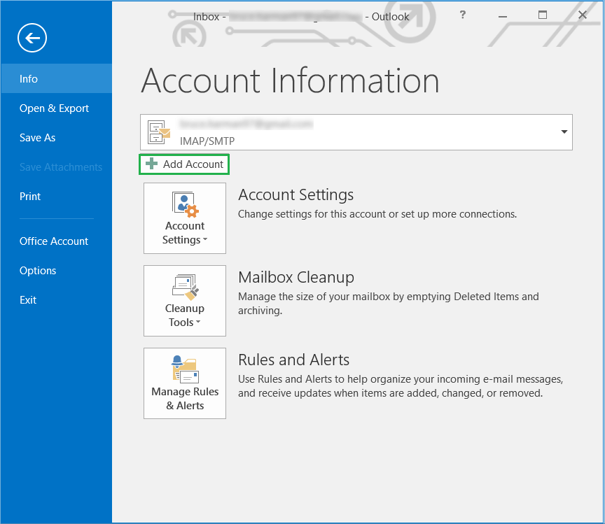 Go to Outlook and click Add Account button