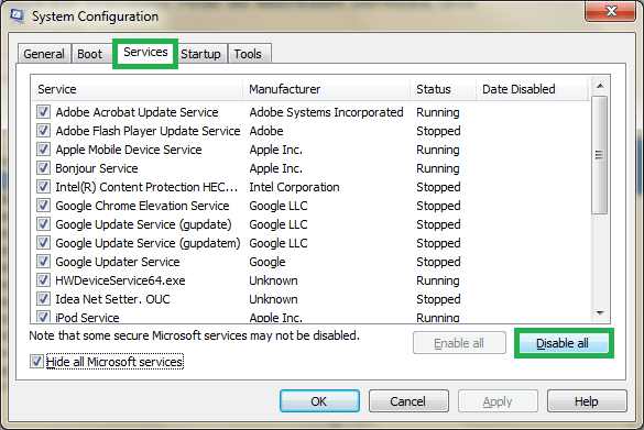 Select the checkbox saying Hide all Mailbox services