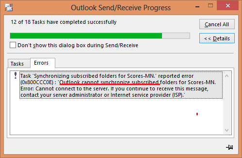Outlook не может синхронизировать папки с подпиской