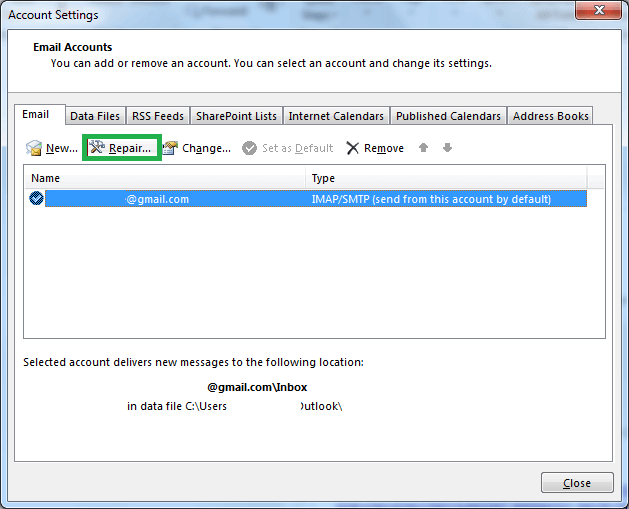 Select your Outlook profile and click on Repair option