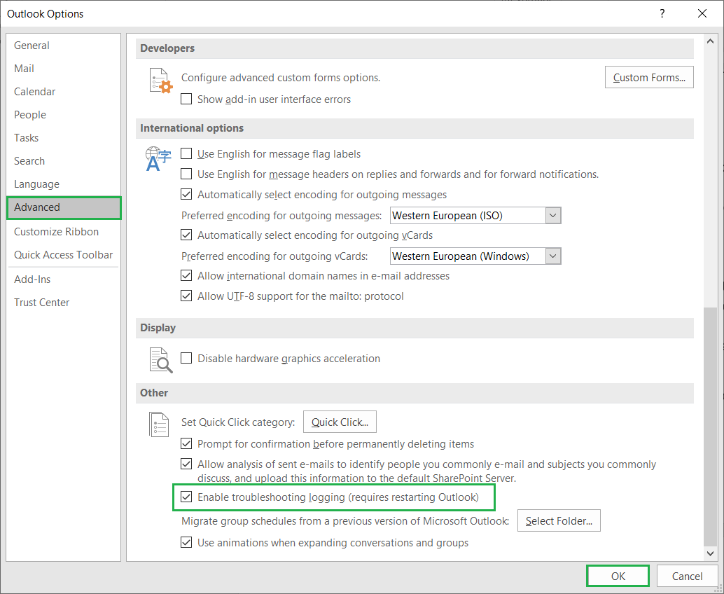 Check the option Enable Troubleshooting logging