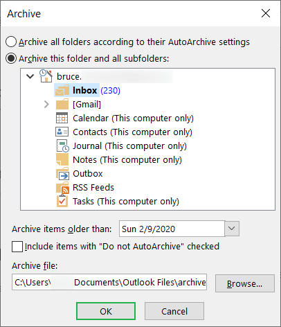 Browse a folder location for the archive folder