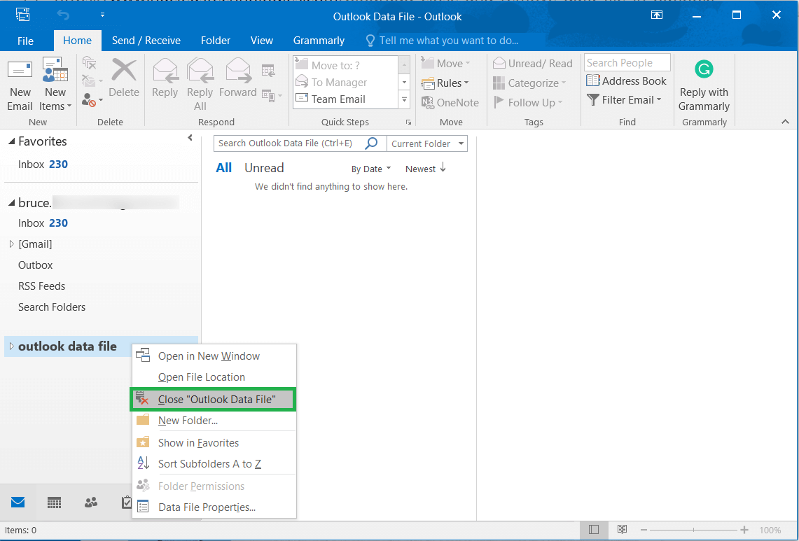 Choose the profile, right-click and click Close ‘Outlook Data File’