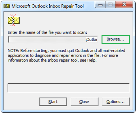 Double-click to the scanPST tool and browse the data file