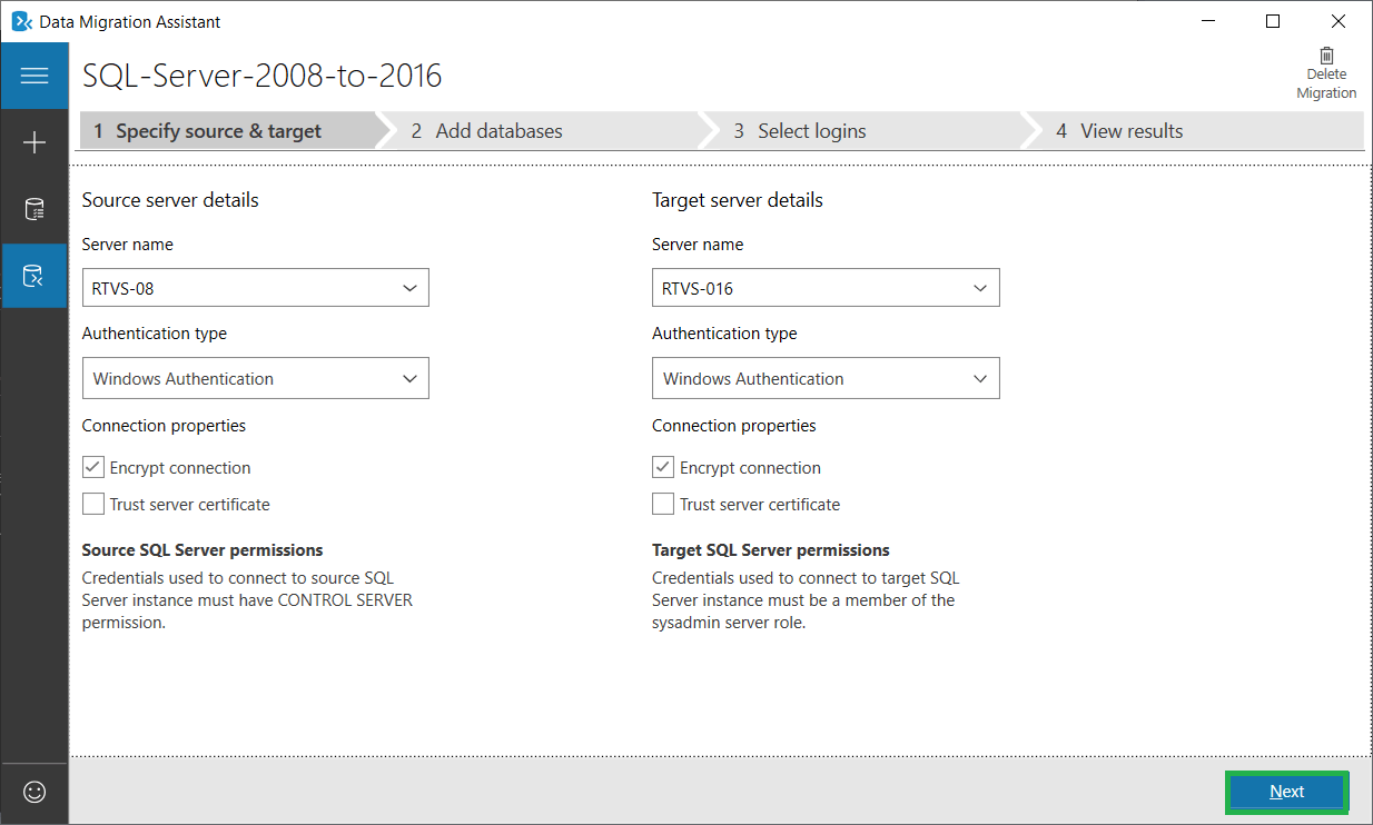 input the details of both the source and destination server