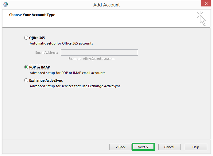 Choose the Account Type as POP or IMAP