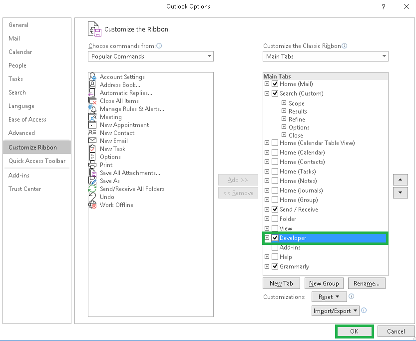 Select the Develop option under Main tabs section