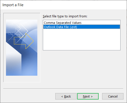 Click the second option ‘Outlook Data File (.pst)