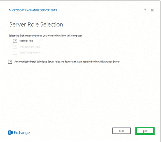 Select Mailbox role option under Exchange Server roles section