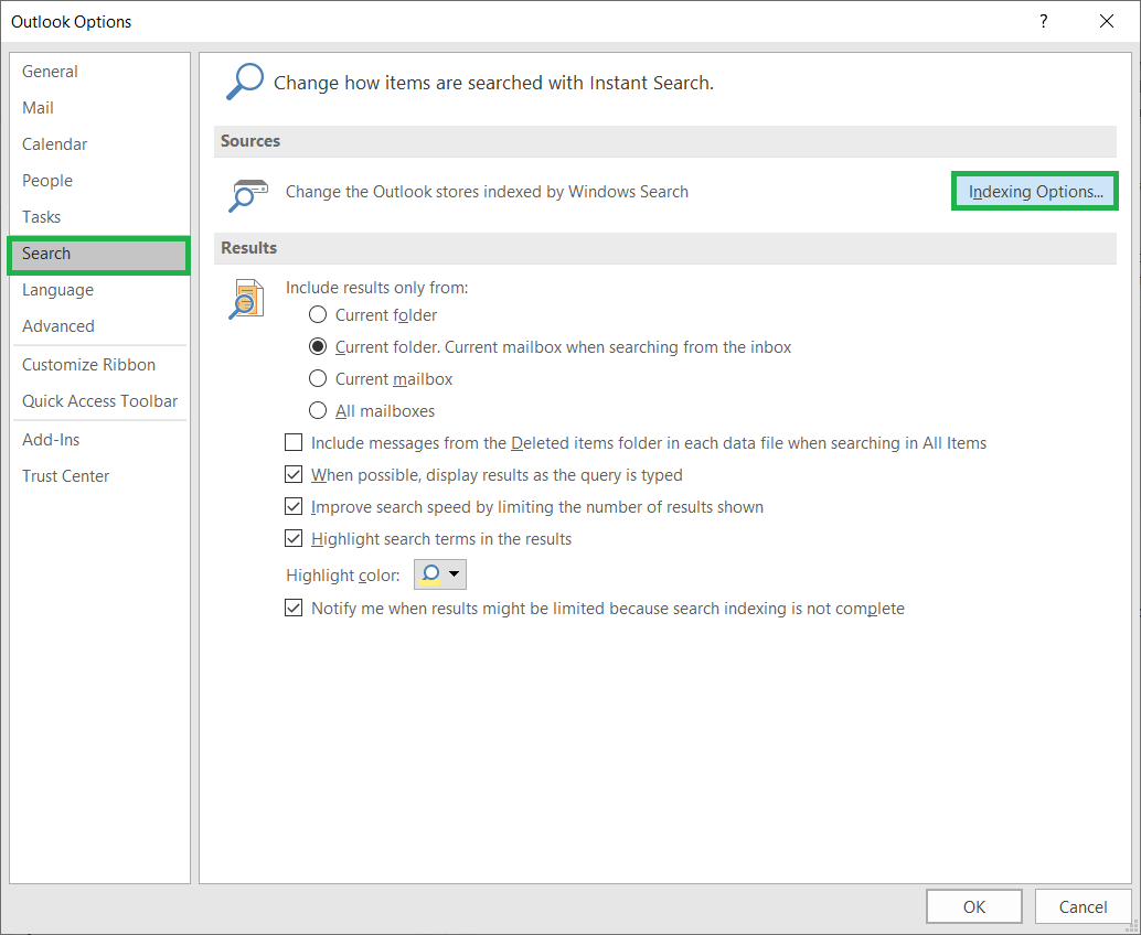 Search category and click Indexing Options