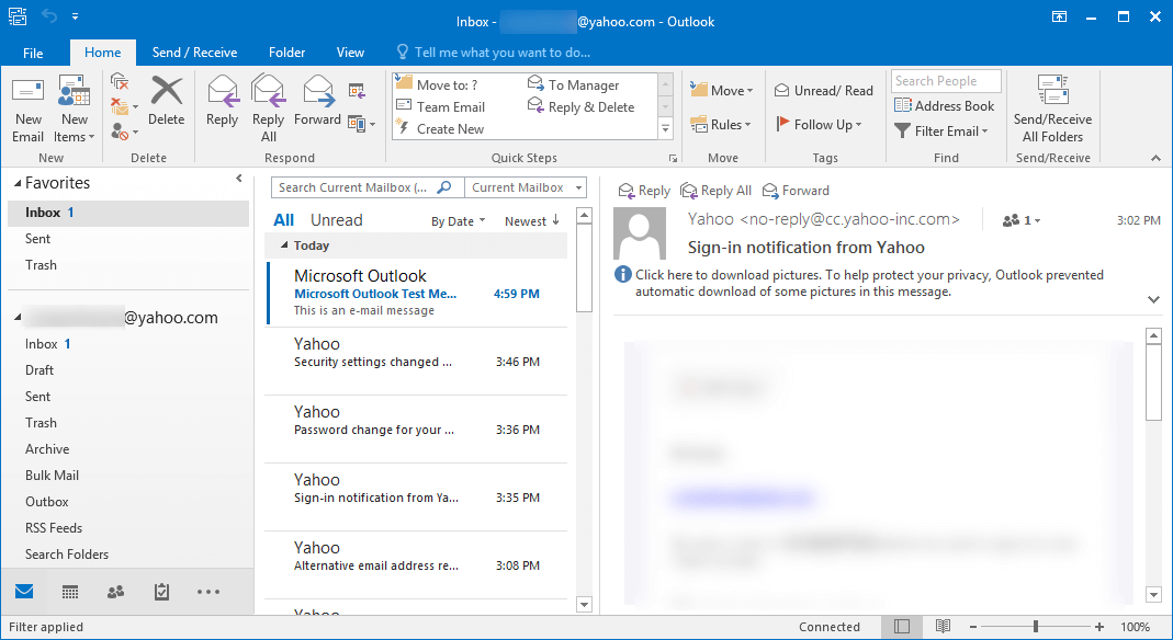 Yahoo account in the Outlook including all its folders