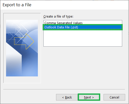 Select the second output option – Outlook Data File (PST)