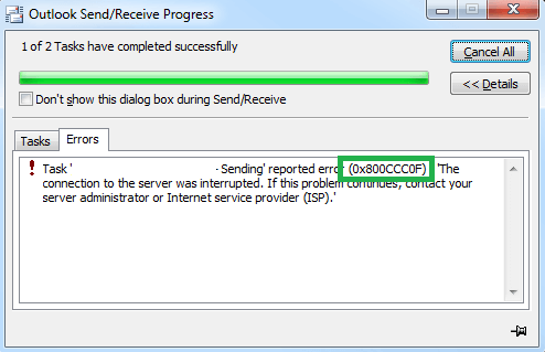 Sending / Receiving reported error (0x800CCC0F)