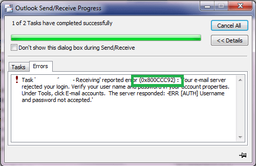 Outlook error 0x800ccc92