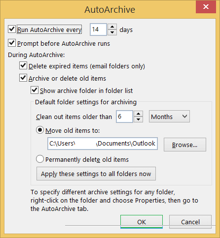 Set multiple options to AutoArchive the Outlook emails
