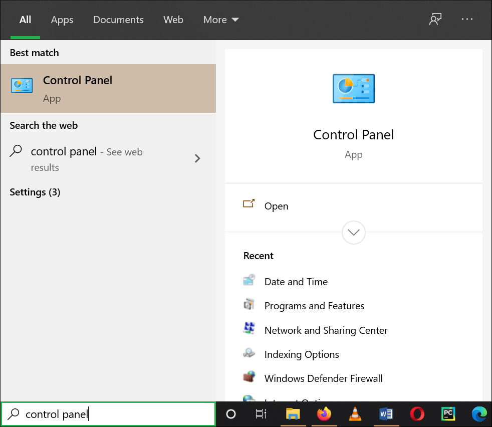 Type Control Panel in the search pane