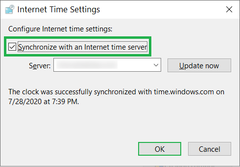 ‘synchronize with an Internet time server’ option