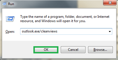 Type outlook.exe/cleanviews and click on OK.