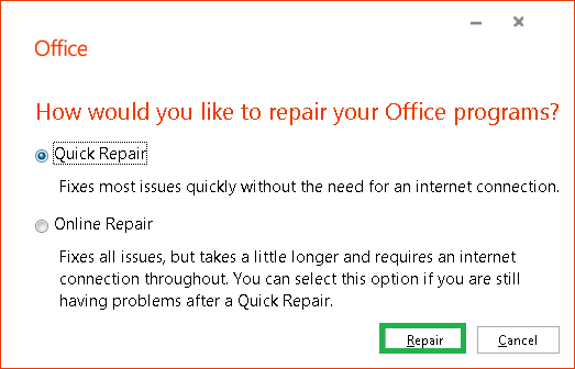 Select Quick Repair as the option and click on Repair option