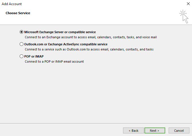 Select the Microsoft Exchange or compatible service option
