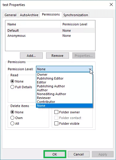 Choose the level of access for the respective folder