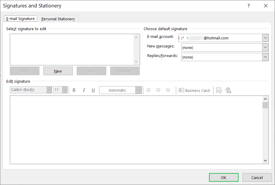 Click the New button for creating the signature