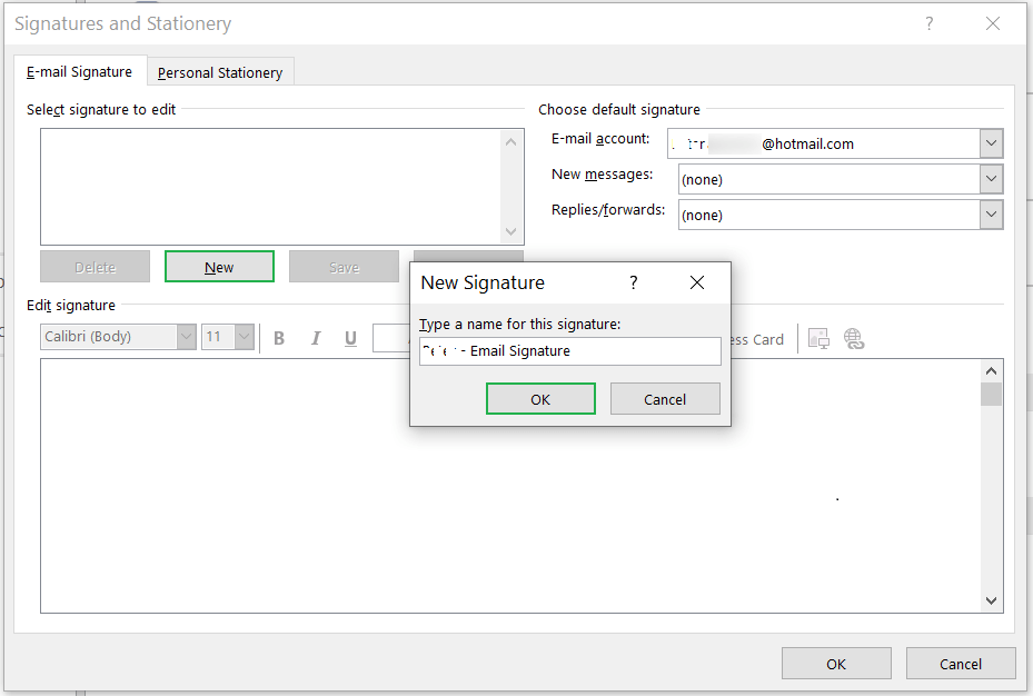 Type a name for the signature and click OK.