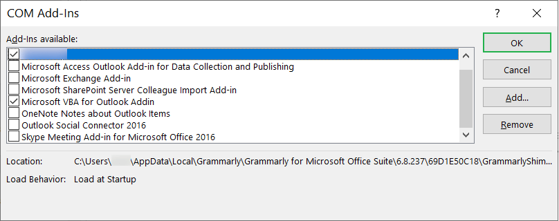 Uncheck the fault add-ins and click OK
